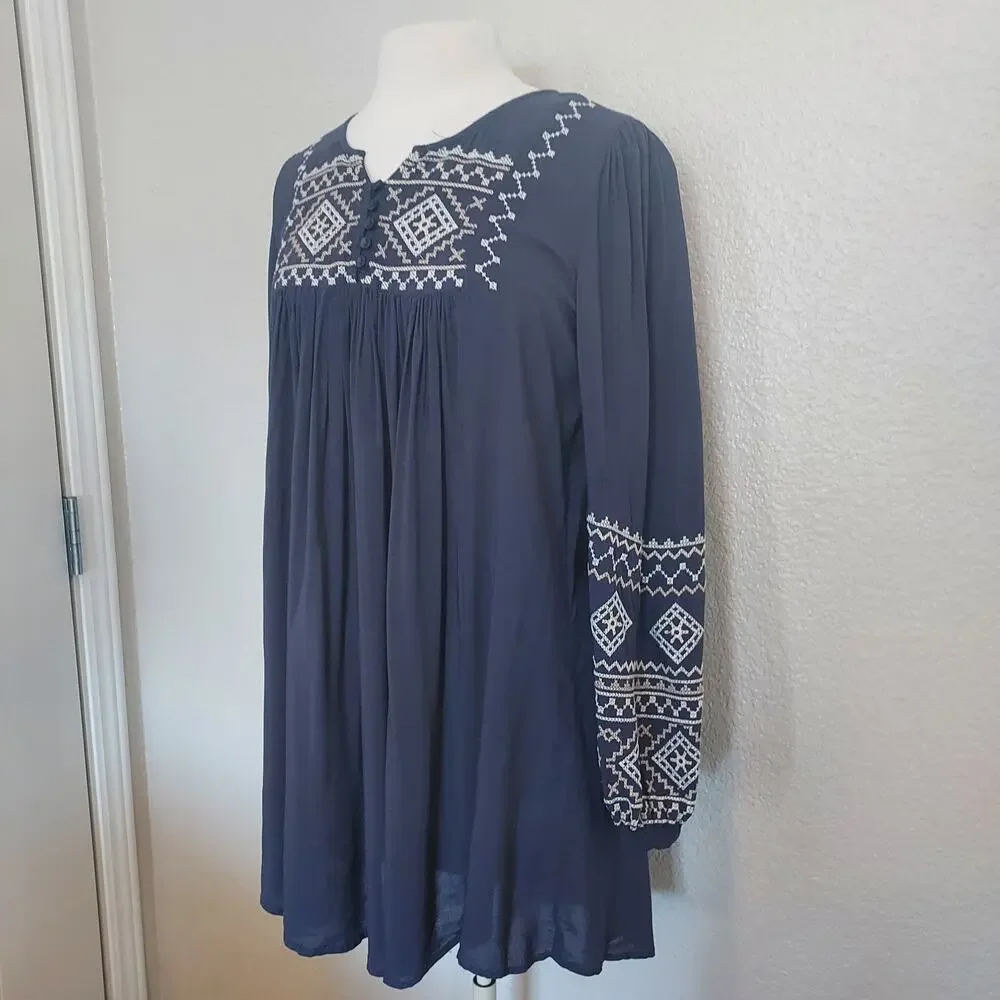Monoreno Blue Embroidered Long Sleeve Tunic Dress Size M